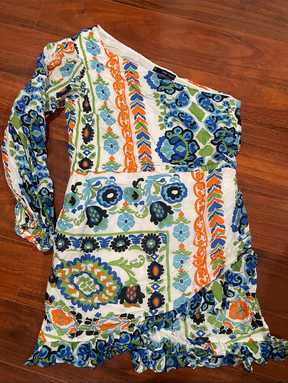 MNG (Mango) Italian Fabric One shoulder dress- White & Multicolor Detail Size 10